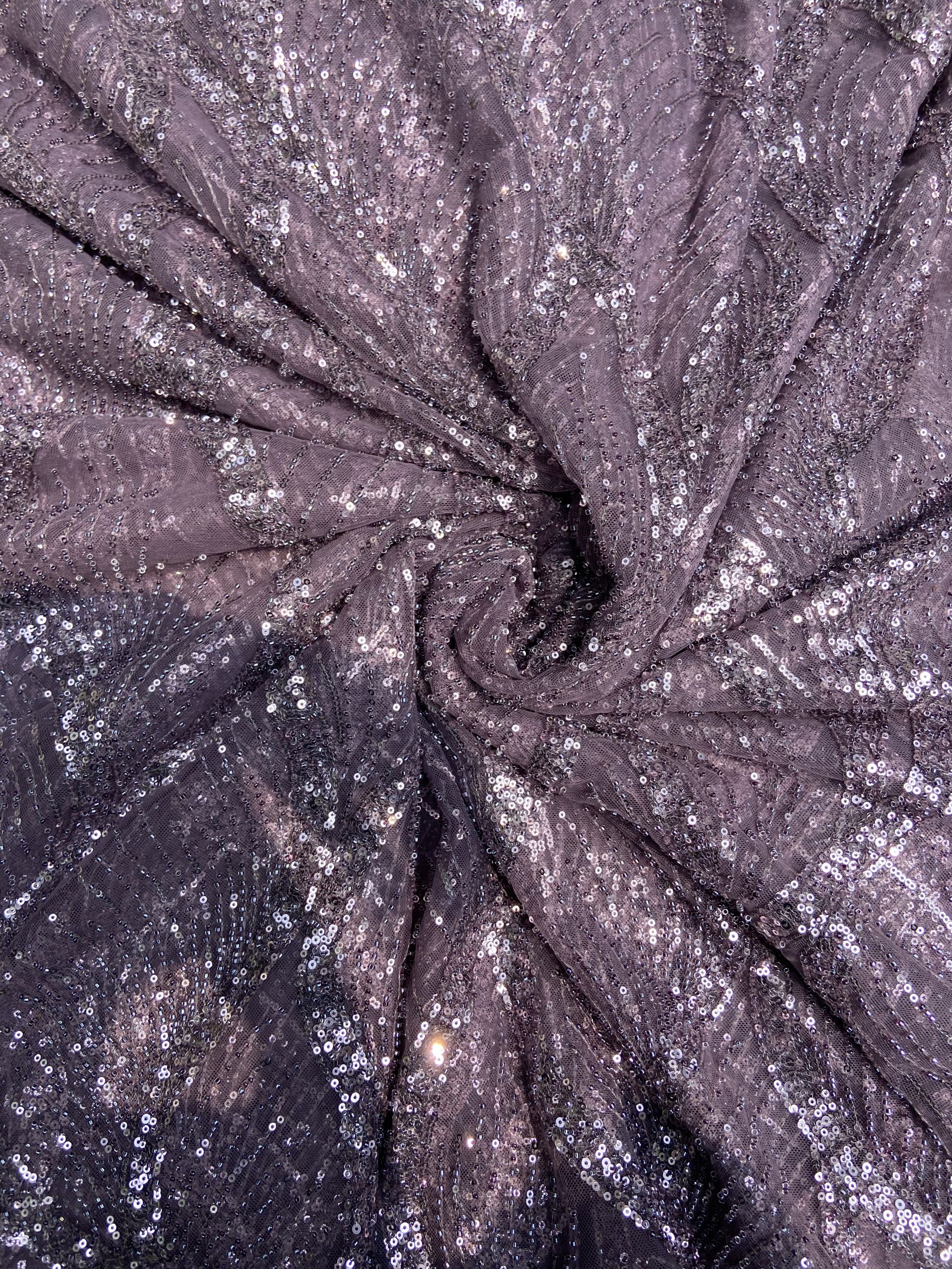 Lavender Colour Net With Silver And Tonal Sequins And Cutdana, In Leaf Pattern Fabric
