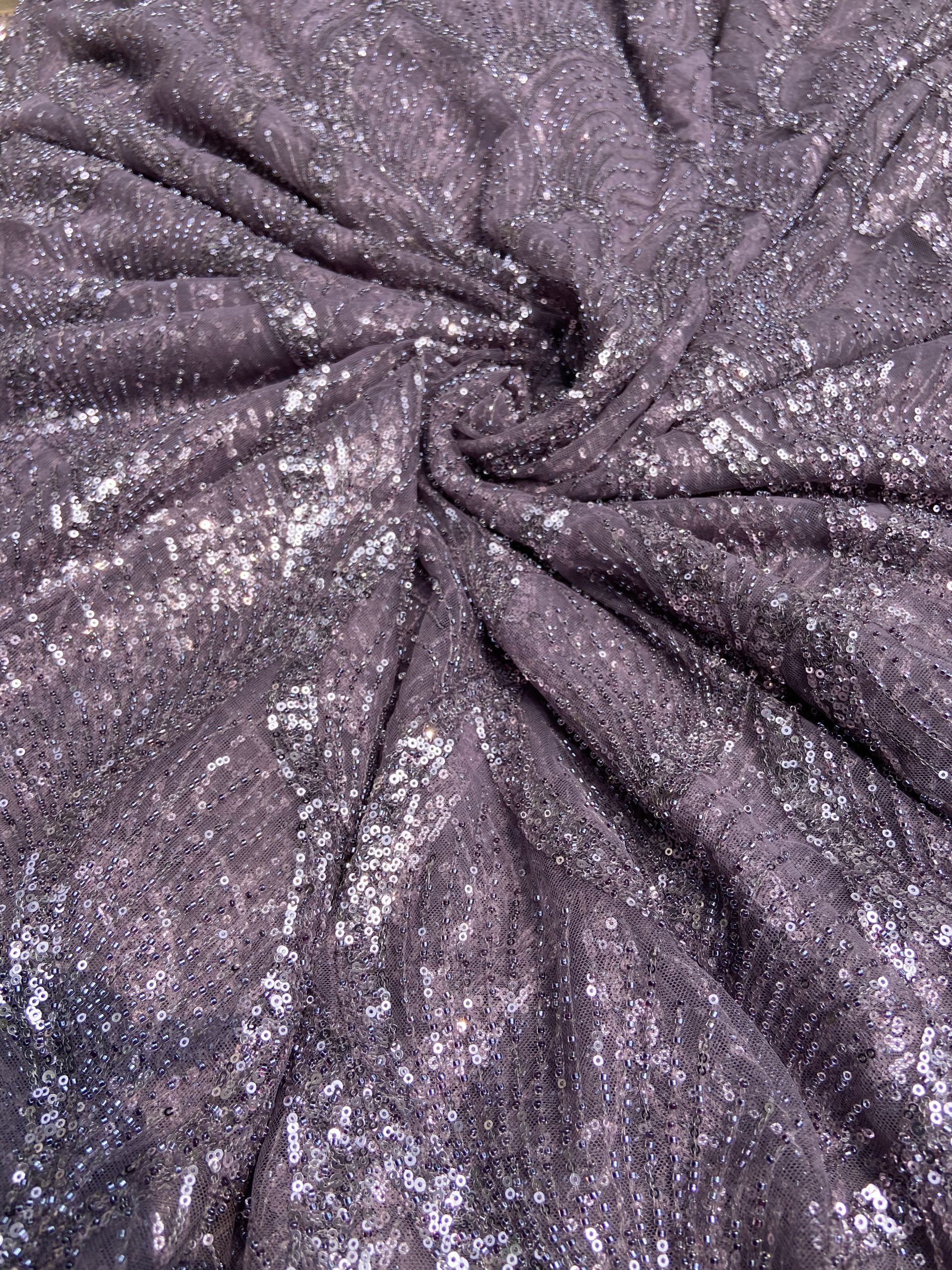 Lavender Colour Net With Silver And Tonal Sequins And Cutdana, In Leaf Pattern Fabric