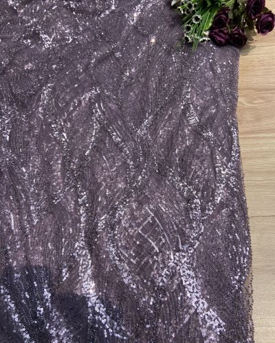 Lavender Colour Net With Silver And Tonal Sequins And Cutdana, In Leaf Pattern Fabric