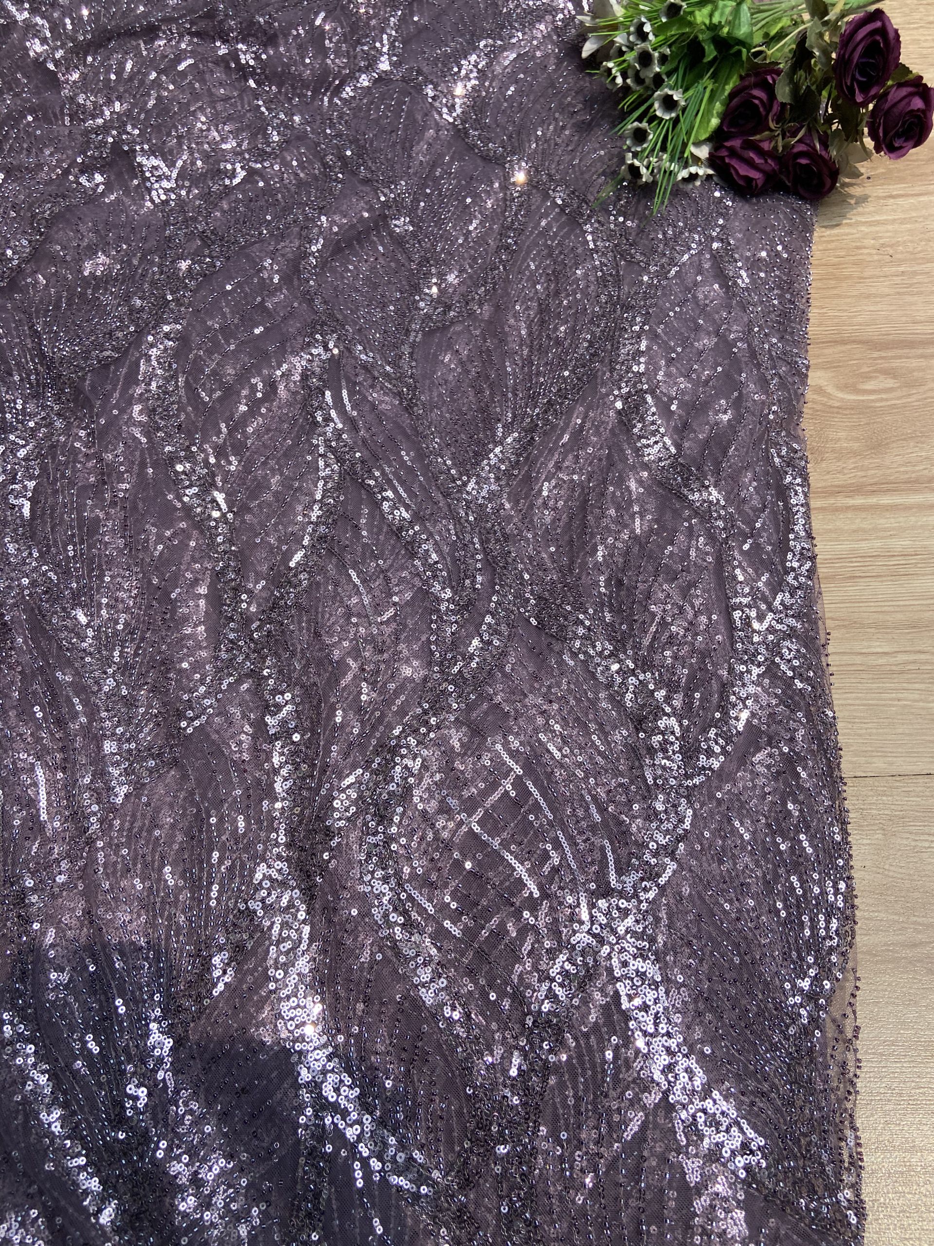 Lavender Colour Net With Silver And Tonal Sequins And Cutdana, In Leaf Pattern Fabric