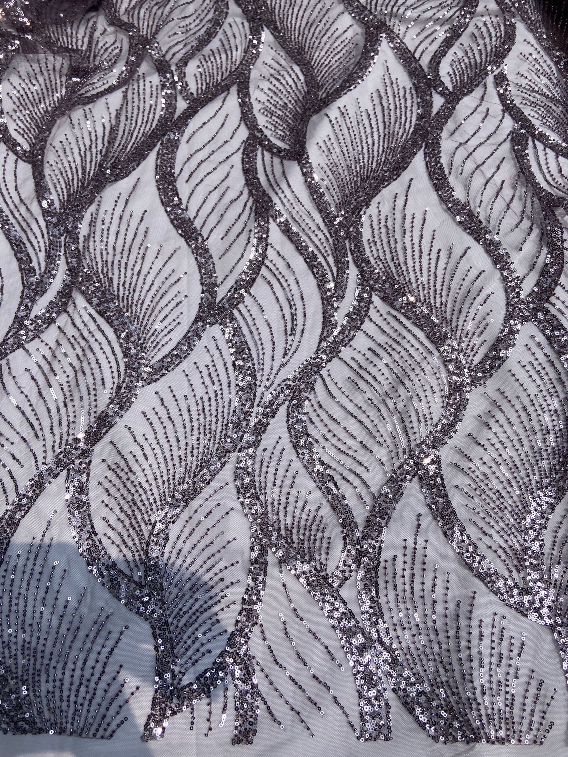 Lavender Colour Net With Silver And Tonal Sequins And Cutdana, In Leaf Pattern Fabric