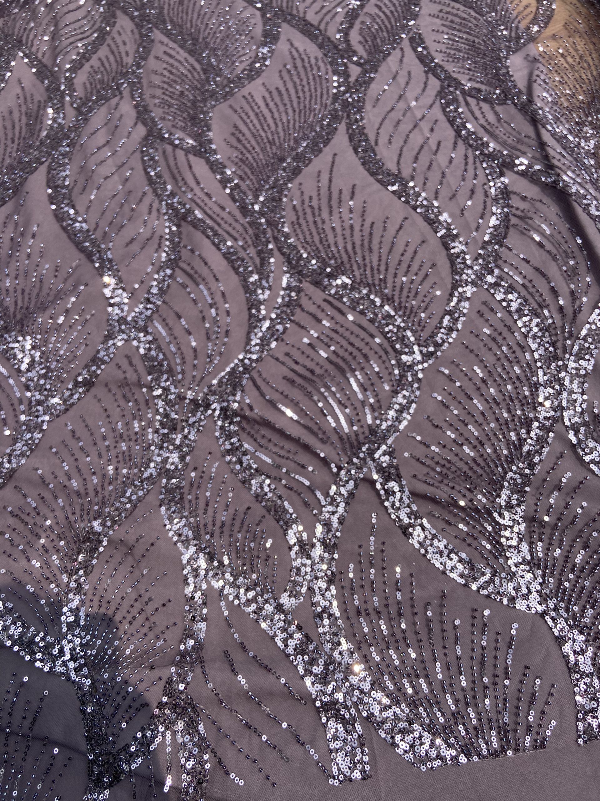 Lavender Colour Net With Silver And Tonal Sequins And Cutdana, In Leaf Pattern Fabric
