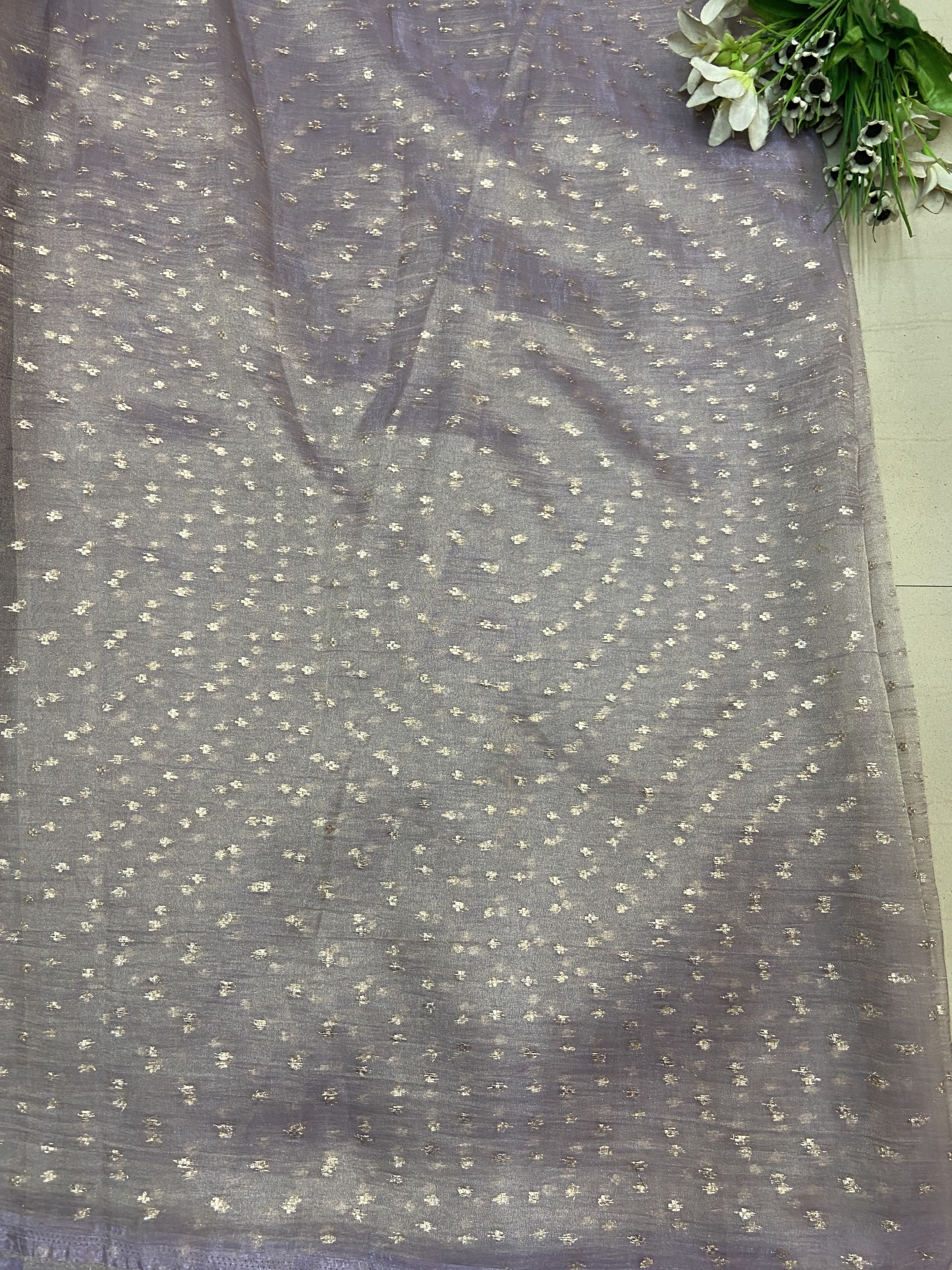 Tissue Organza fabric with polka woven all over in Lavender Colour