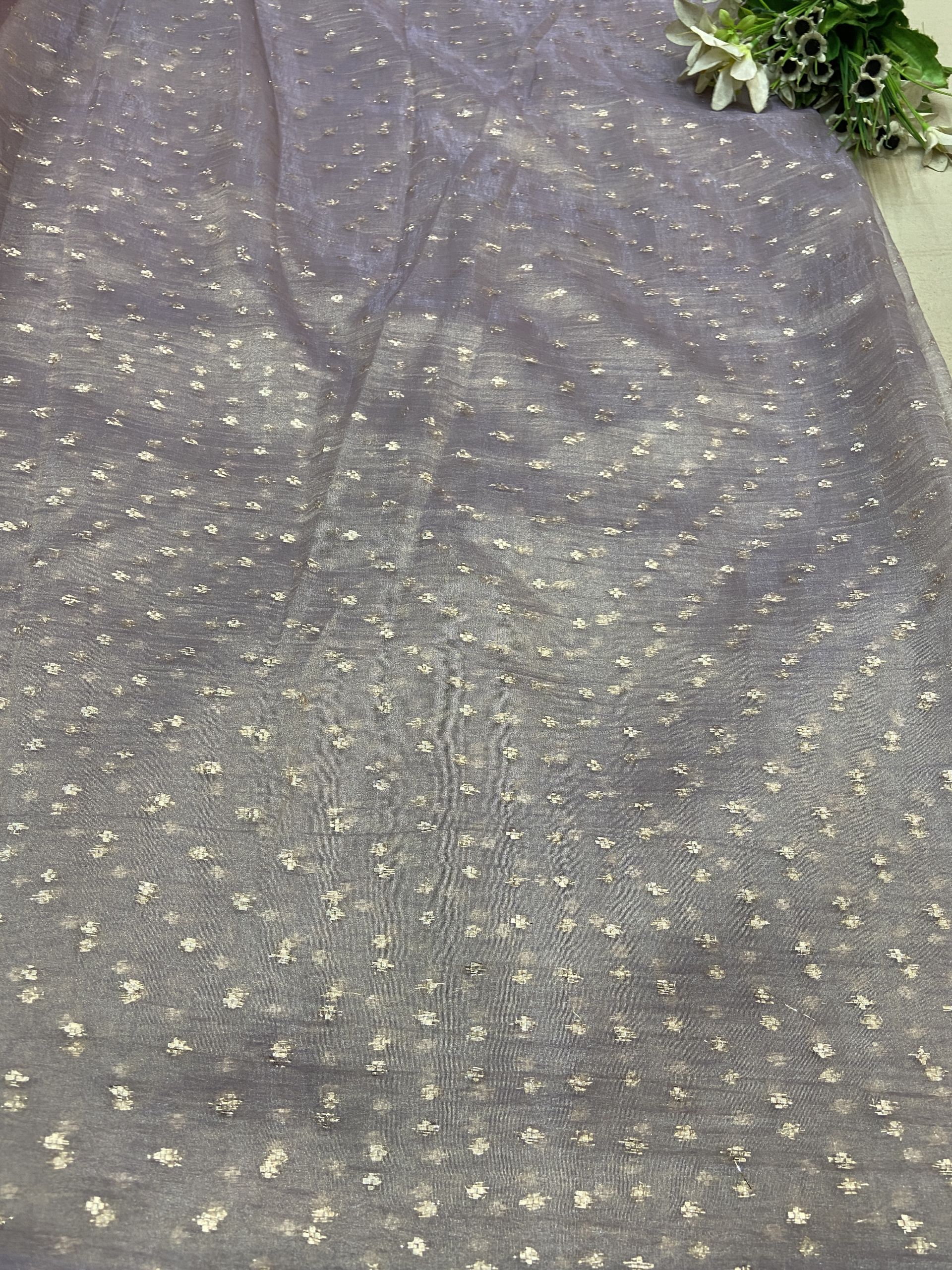 Tissue Organza fabric with polka woven all over in Lavender Colour
