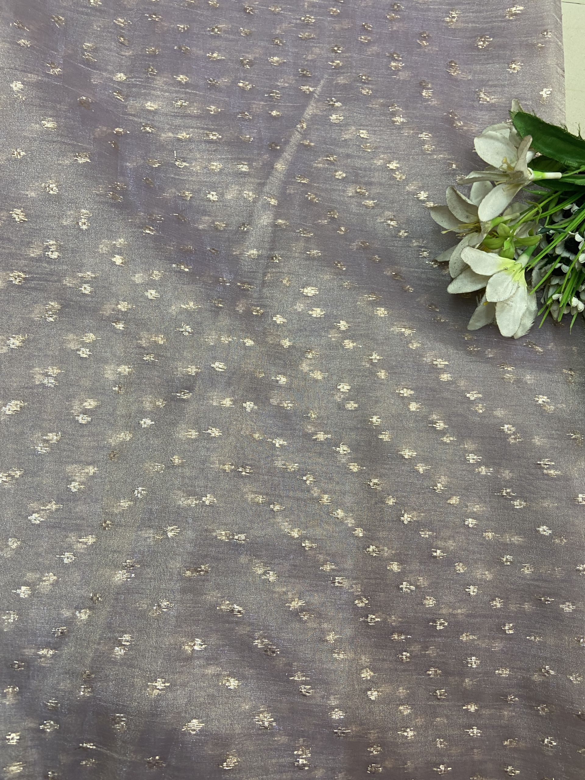 Tissue Organza fabric with polka woven all over in Lavender Colour