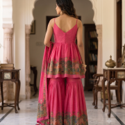 Rani Pink Lotus Motif Peplum Kurta & Tiered Gharara Set