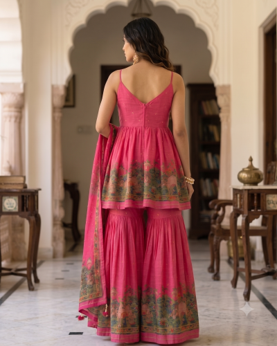 Rani Pink Lotus Motif Peplum Kurta & Tiered Gharara Set