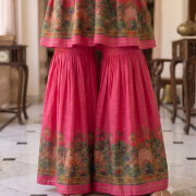 Rani Pink Lotus Motif Peplum Kurta & Tiered Gharara Set