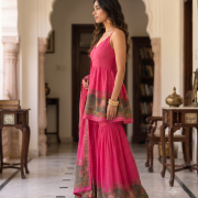 Rani Pink Lotus Motif Peplum Kurta & Tiered Gharara Set