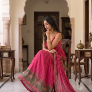 Rani Pink Lotus Motif Peplum Kurta & Tiered Gharara Set
