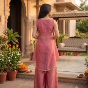 Bubblegum Pink Banarasi Corset Set with Organza Peplum Jacket