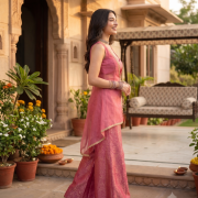 Bubblegum Pink Banarasi Corset Set with Organza Peplum Jacket