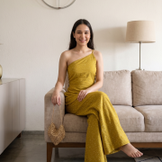 Olive Yellow Sequin One-Shoulder A-Line Tunic & Wide-Leg Trousers Set