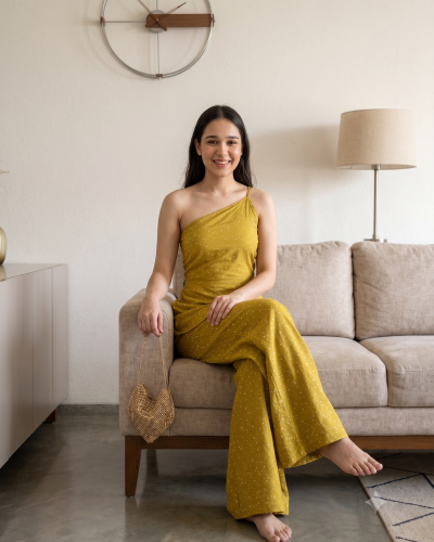 Olive Yellow Sequin One-Shoulder A-Line Tunic & Wide-Leg Trousers Set