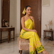 Sunshine Yellow Lotus Print Halter-Neck Tunic & Wide-Leg Trousers Set
