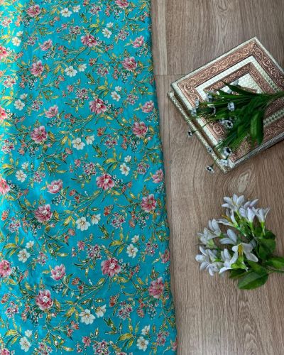 Sky blue Floral pure natural crepe fabric with embroidery details all over