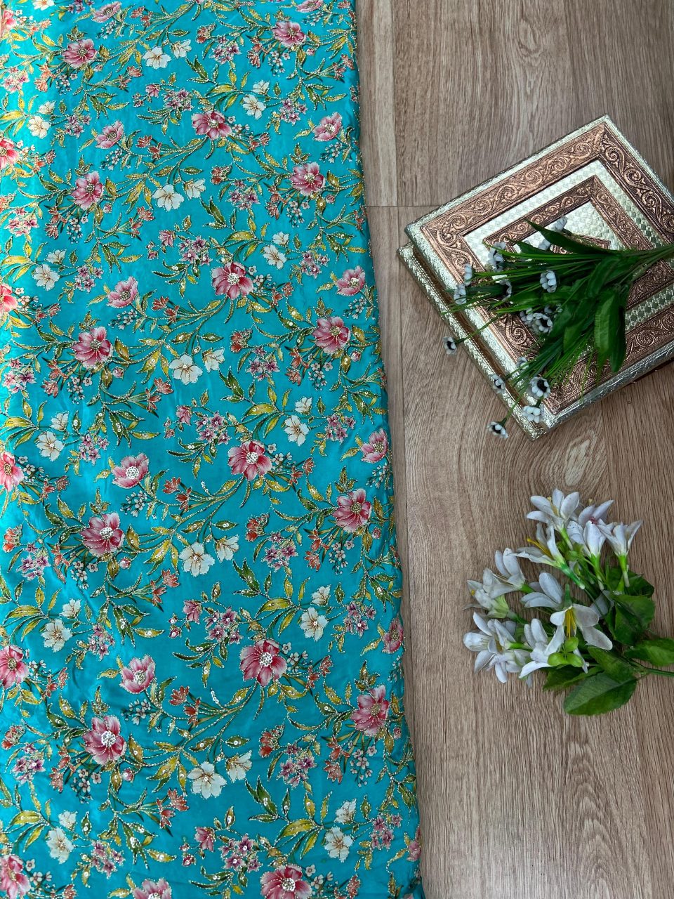 Sky blue Floral pure natural crepe fabric with embroidery details all over