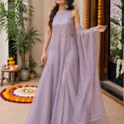 Lavender Long Panel Kurti With Pallazo And Dupatta In Tissue Organza Fabric