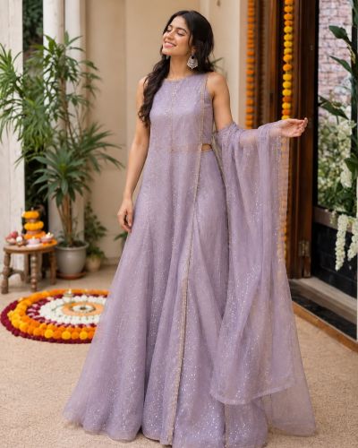 Lavender Long Panel Kurti With Pallazo And Dupatta In Tissue Organza Fabric