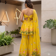 Sun-Kissed Yellow Lotus Print Strappy Peplum Top & Flared Pants Set