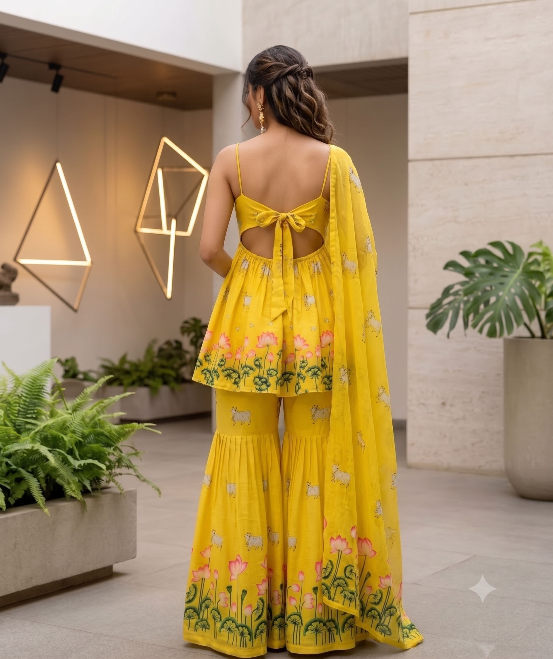 Sun-Kissed Yellow Lotus Print Strappy Peplum Top & Flared Pants Set