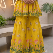 Sun-Kissed Yellow Lotus Print Strappy Peplum Top & Flared Pants Set