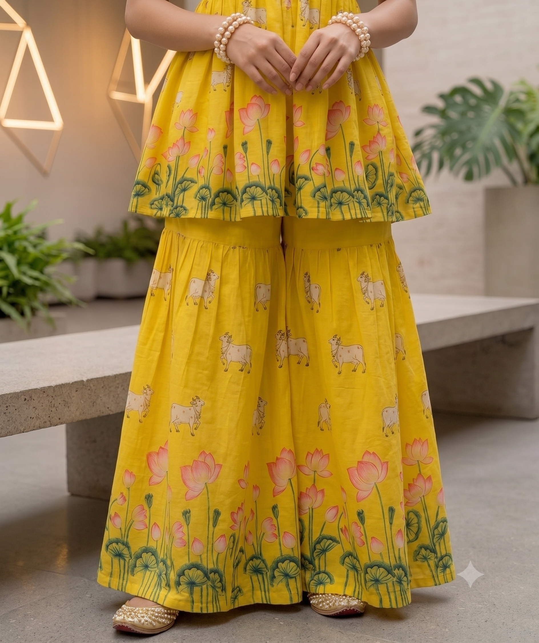 Sun-Kissed Yellow Lotus Print Strappy Peplum Top & Flared Pants Set
