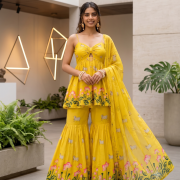 Sun-Kissed Yellow Lotus Print Strappy Peplum Top & Flared Pants Set