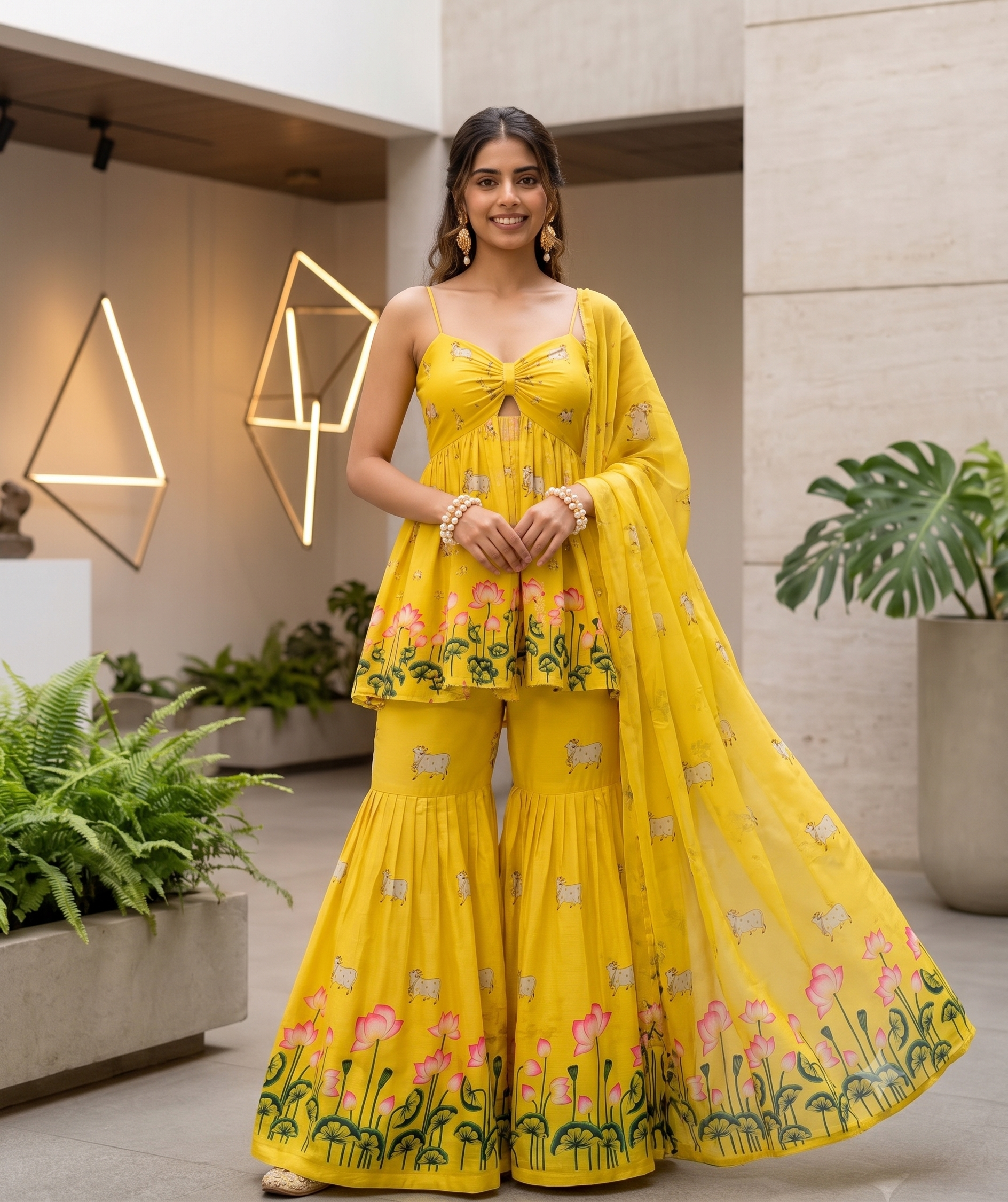 Sun-Kissed Yellow Lotus Print Strappy Peplum Top & Flared Pants Set