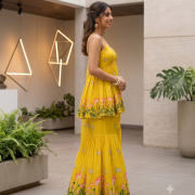Sun-Kissed Yellow Lotus Print Strappy Peplum Top & Flared Pants Set