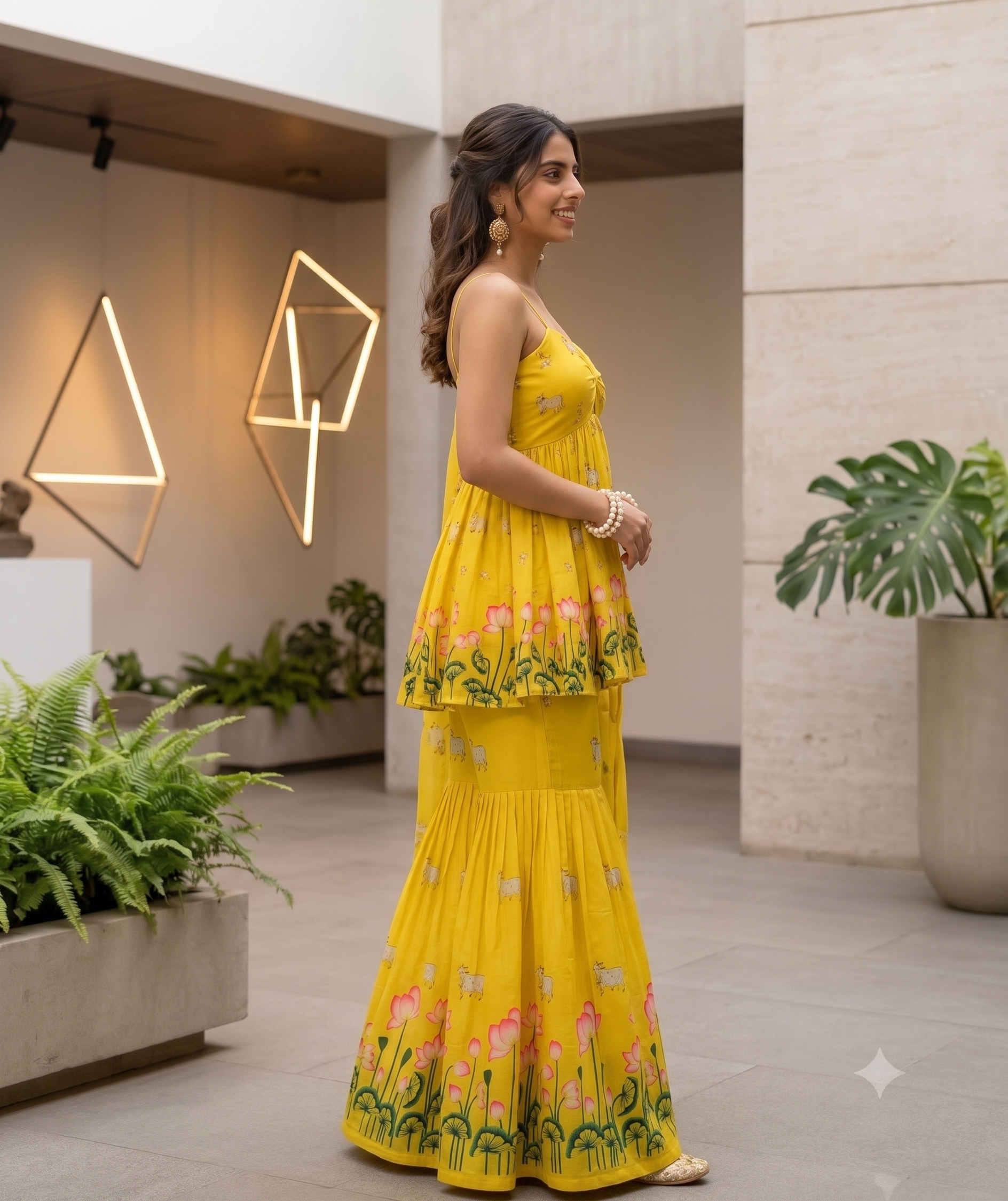 Sun-Kissed Yellow Lotus Print Strappy Peplum Top & Flared Pants Set