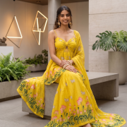 Sun-Kissed Yellow Lotus Print Strappy Peplum Top & Flared Pants Set