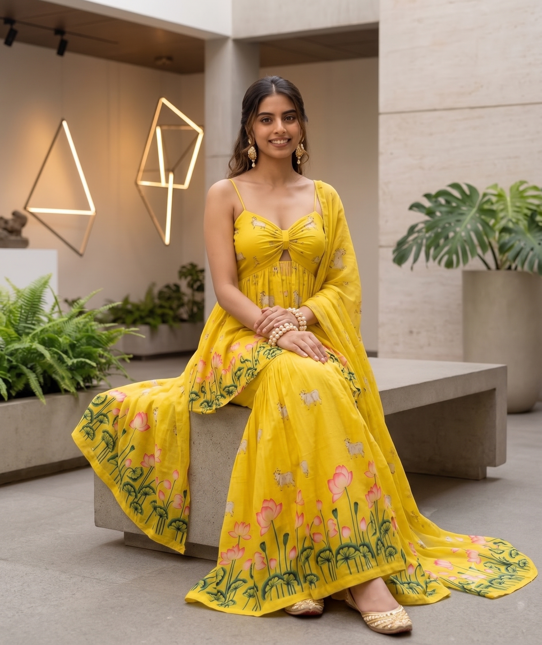 Sun-Kissed Yellow Lotus Print Strappy Peplum Top & Flared Pants Set