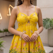 Sun-Kissed Yellow Lotus Print Strappy Peplum Top & Flared Pants Set