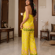 Sunshine Yellow Lotus Print Halter-Neck Tunic & Wide-Leg Trousers Set