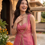 Bubblegum Pink Banarasi Corset Set with Organza Peplum Jacket