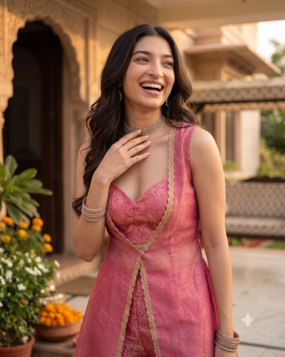Bubblegum Pink Banarasi Corset Set with Organza Peplum Jacket