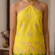 Sunshine Yellow Lotus Print Halter-Neck Tunic & Wide-Leg Trousers Set