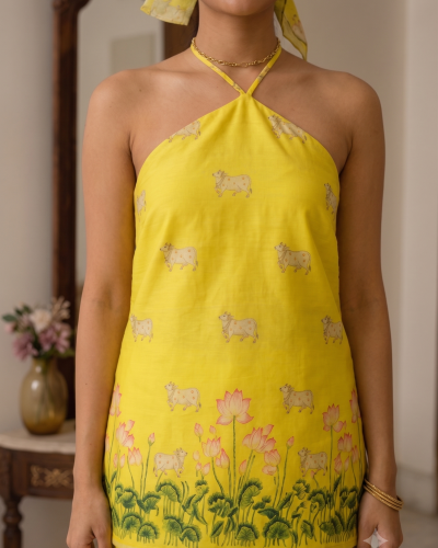 Sunshine Yellow Lotus Print Halter-Neck Tunic & Wide-Leg Trousers Set