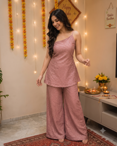 Pink Sequin Tissue Silk One-Shoulder A-Line Tunic & Wide-Leg Trousers Set