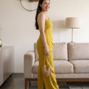 Olive Yellow Sequin One-Shoulder A-Line Tunic & Wide-Leg Trousers Set