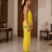Sunshine Yellow Lotus Print Halter-Neck Tunic & Wide-Leg Trousers Set