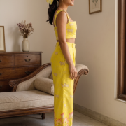 Sunshine Yellow Lotus Print Crop Top & Wide-Leg Trousers Set