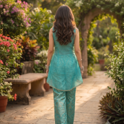 Turquoise Blue Banarasi Corset Co-ord Set with Organza Shrug