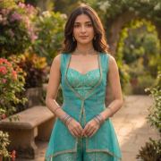 Turquoise Blue Banarasi Corset Co-ord Set with Organza Shrug