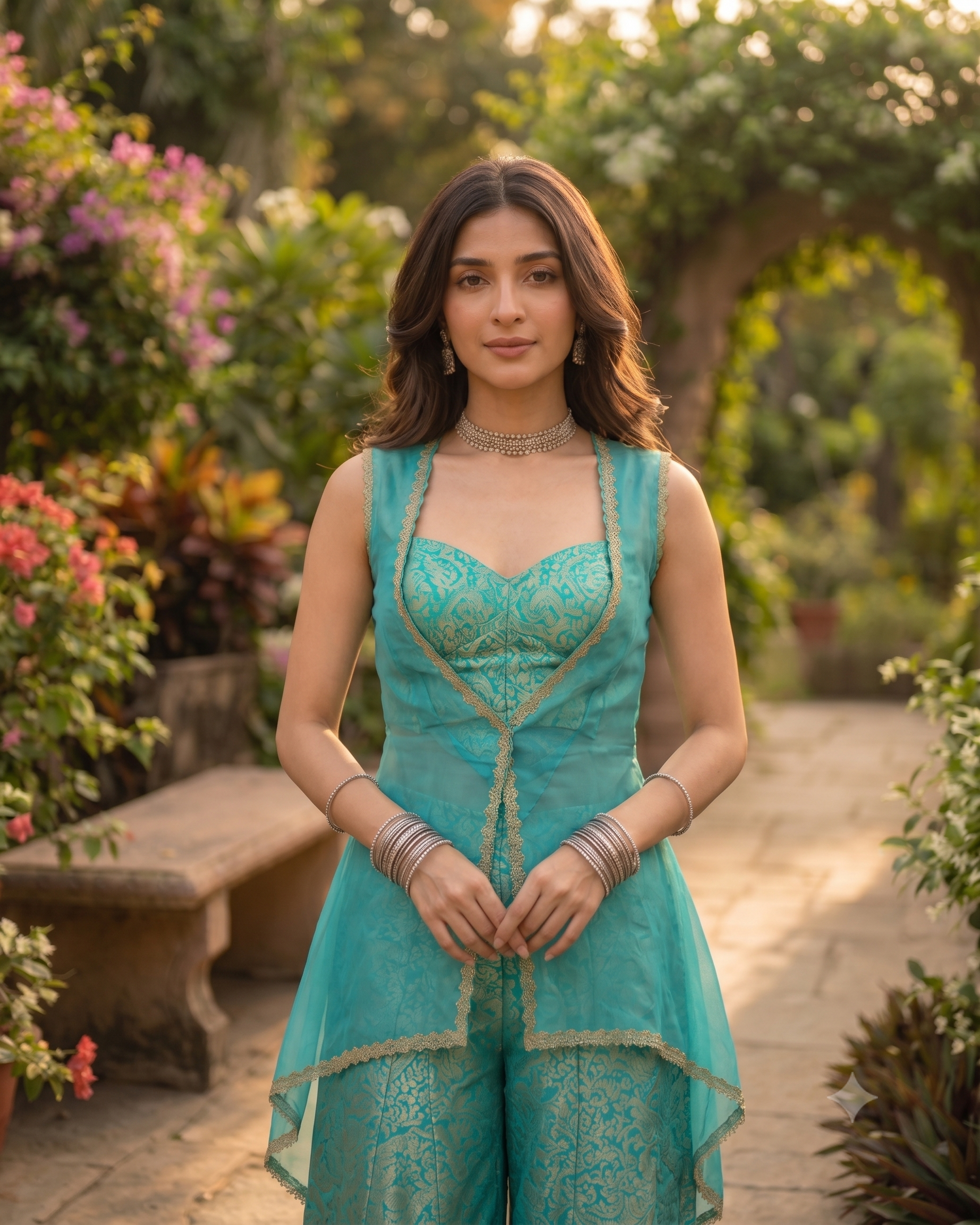 Turquoise Blue Banarasi Corset Co-ord Set with Organza Shrug