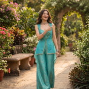 Turquoise Blue Banarasi Corset Co-ord Set with Organza Shrug