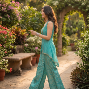 Turquoise Blue Banarasi Corset Co-ord Set with Organza Shrug