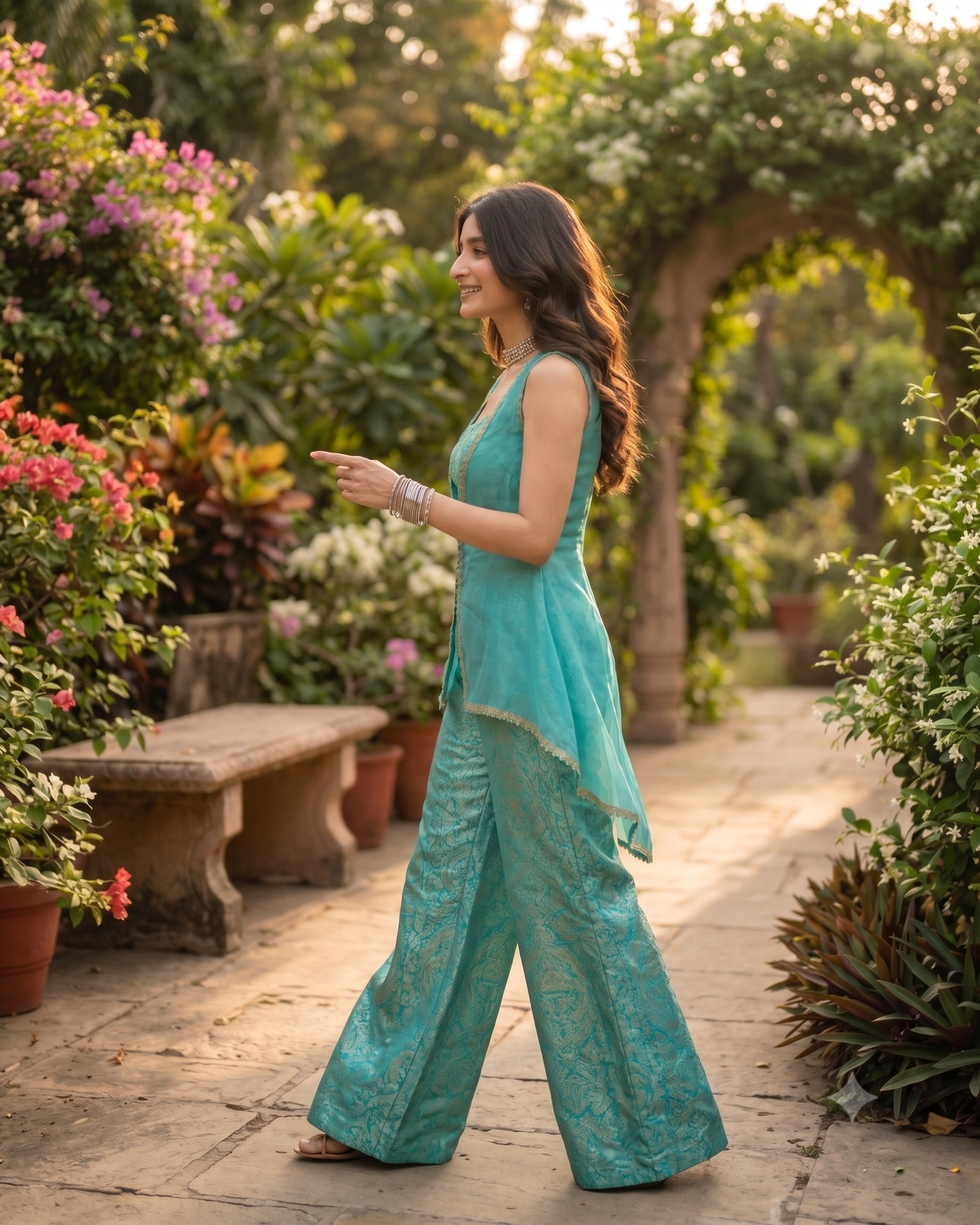 Turquoise Blue Banarasi Corset Co-ord Set with Organza Shrug
