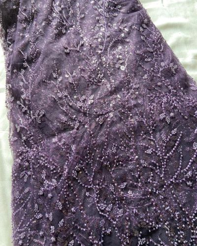 Plum Purple Hand embroidered bead work floral Net fabric